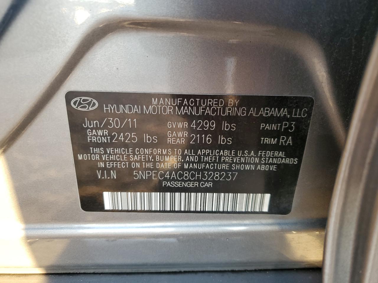 2012 Hyundai Sonata Se VIN: 5NPEC4AC8CH328237 Lot: 82653585