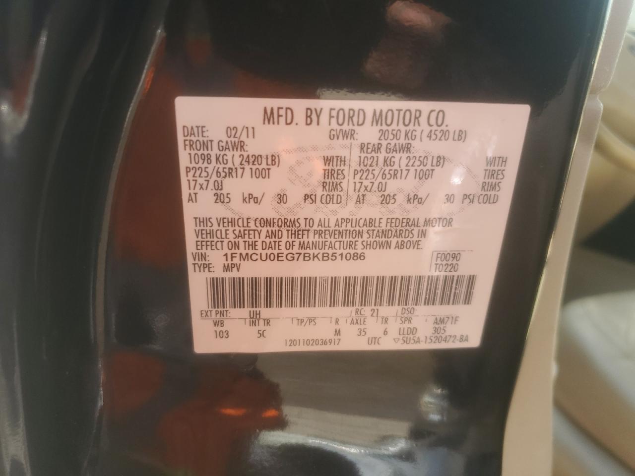 2011 Ford Escape Limited VIN: 1FMCU0EG7BKB51086 Lot: 85114775