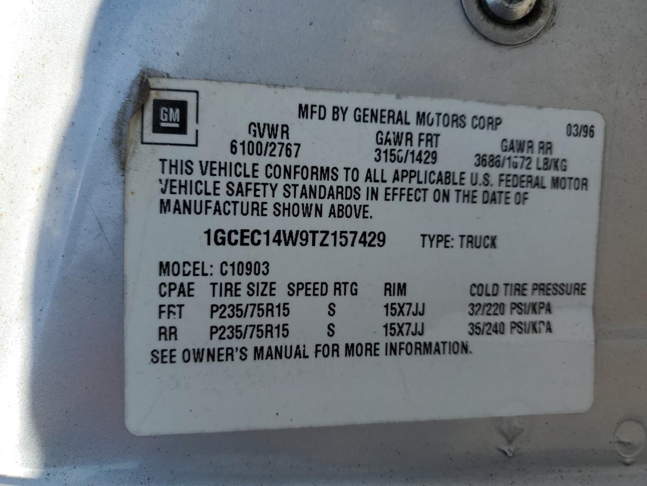 1996 Chevrolet Gmt-400 C1500 VIN: 1GCEC14W9TZ157429 Lot: 81802335
