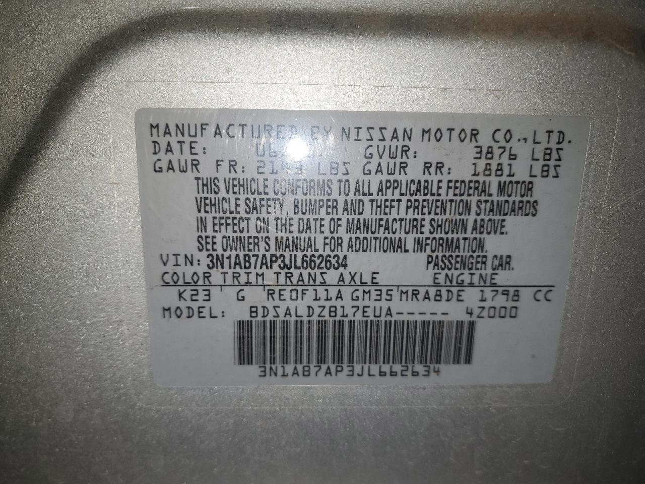 2018 Nissan Sentra S VIN: 3N1AB7AP3JL662634 Lot: 85251685