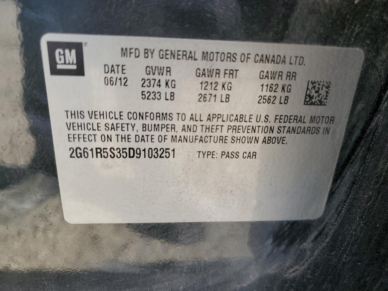 2013 Cadillac Xts Luxury Collection VIN: 2G61R5S35D9103251 Lot: 85259675