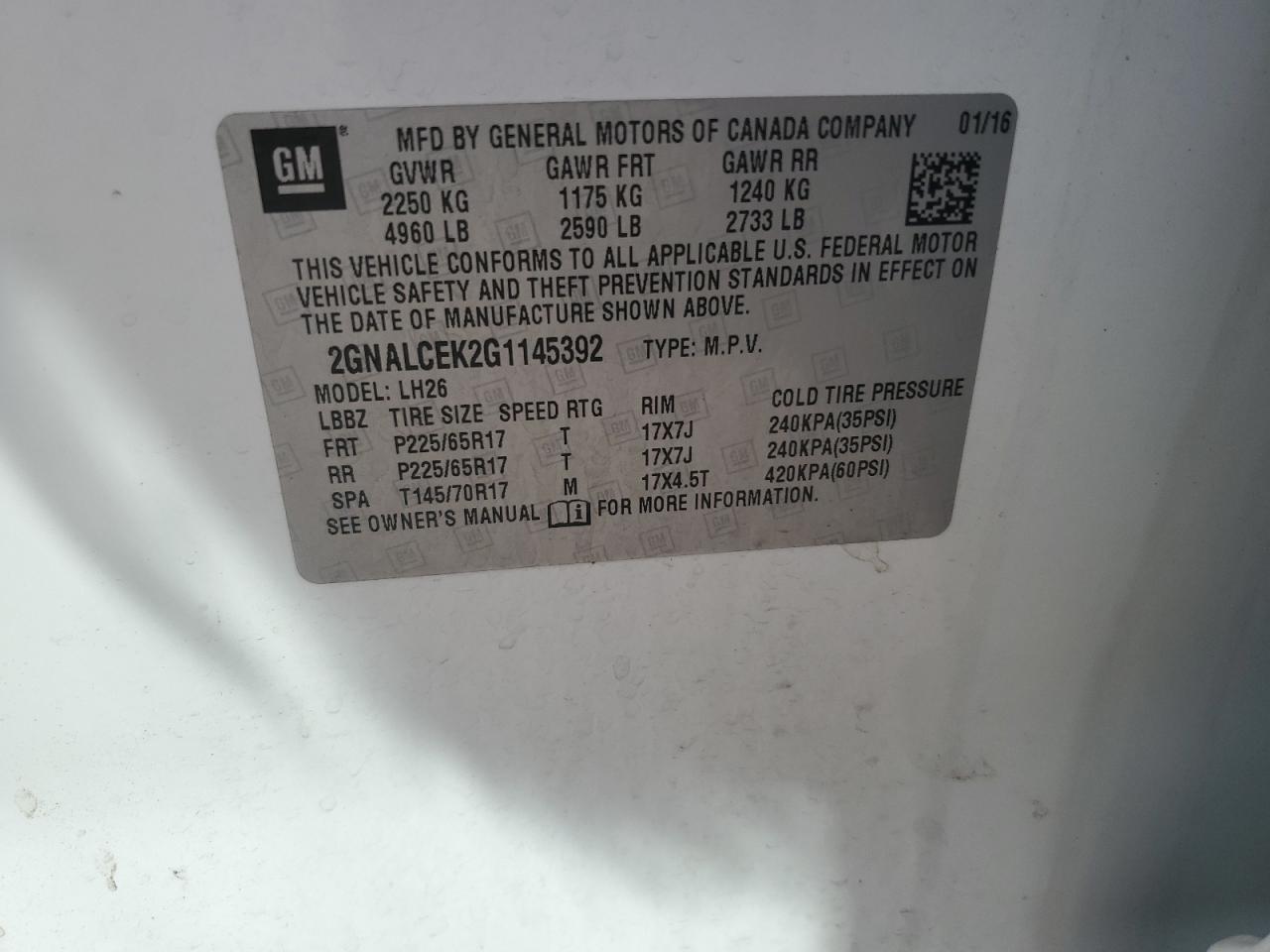 2016 Chevrolet Equinox Lt VIN: 2GNALCEK2G1145392 Lot: 84951805