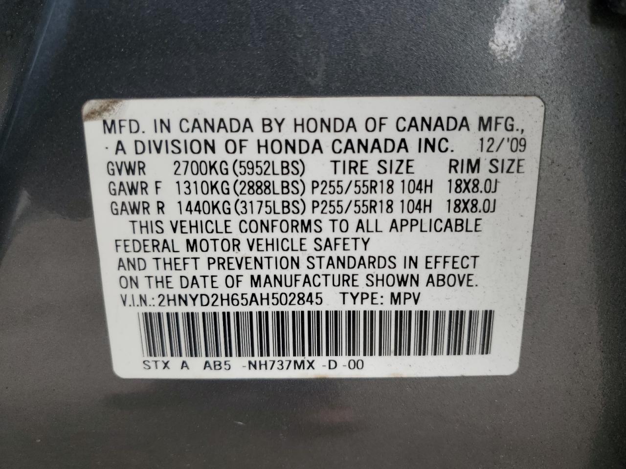 2010 Acura Mdx Technology VIN: 2HNYD2H65AH502845 Lot: 82271515