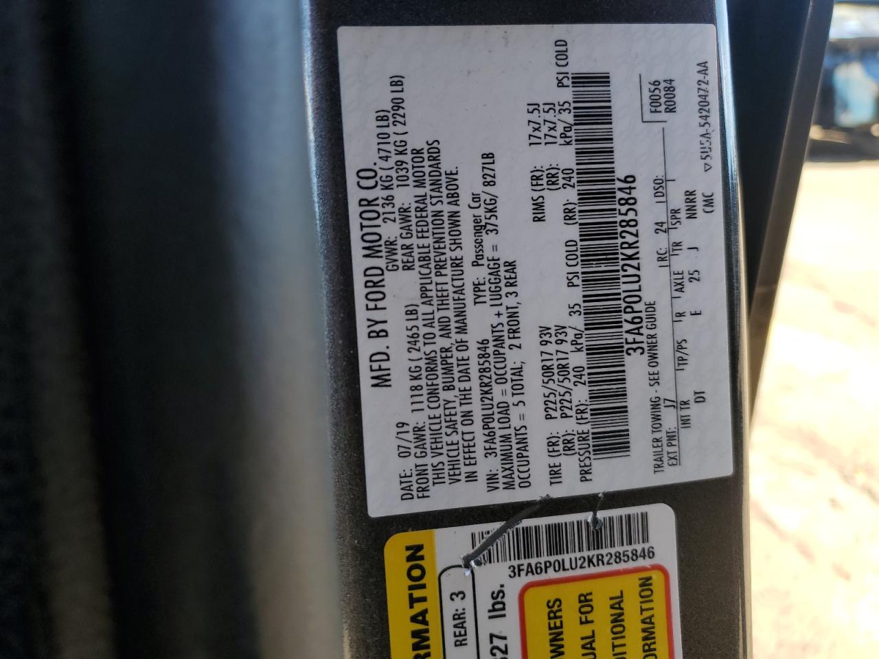 2019 Ford Fusion Se VIN: 3FA6P0LU2KR285846 Lot: 87226145