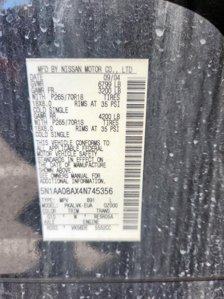 2004 Nissan Armada Se VIN: 5N1AA08AX4N745356 Lot: 81959765