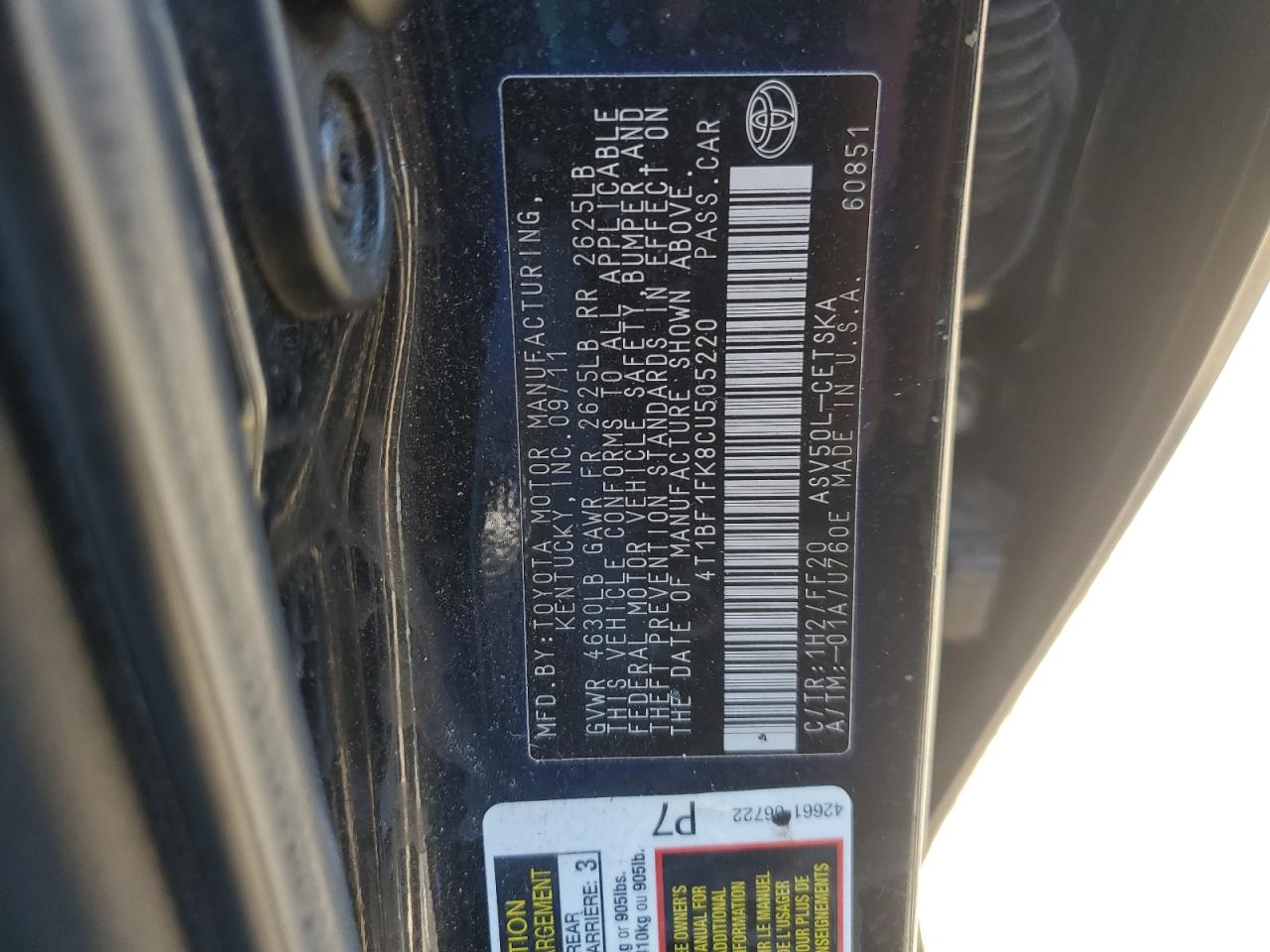 2012 Toyota Camry Base VIN: 4T1BF1FK8CU505220 Lot: 86072655