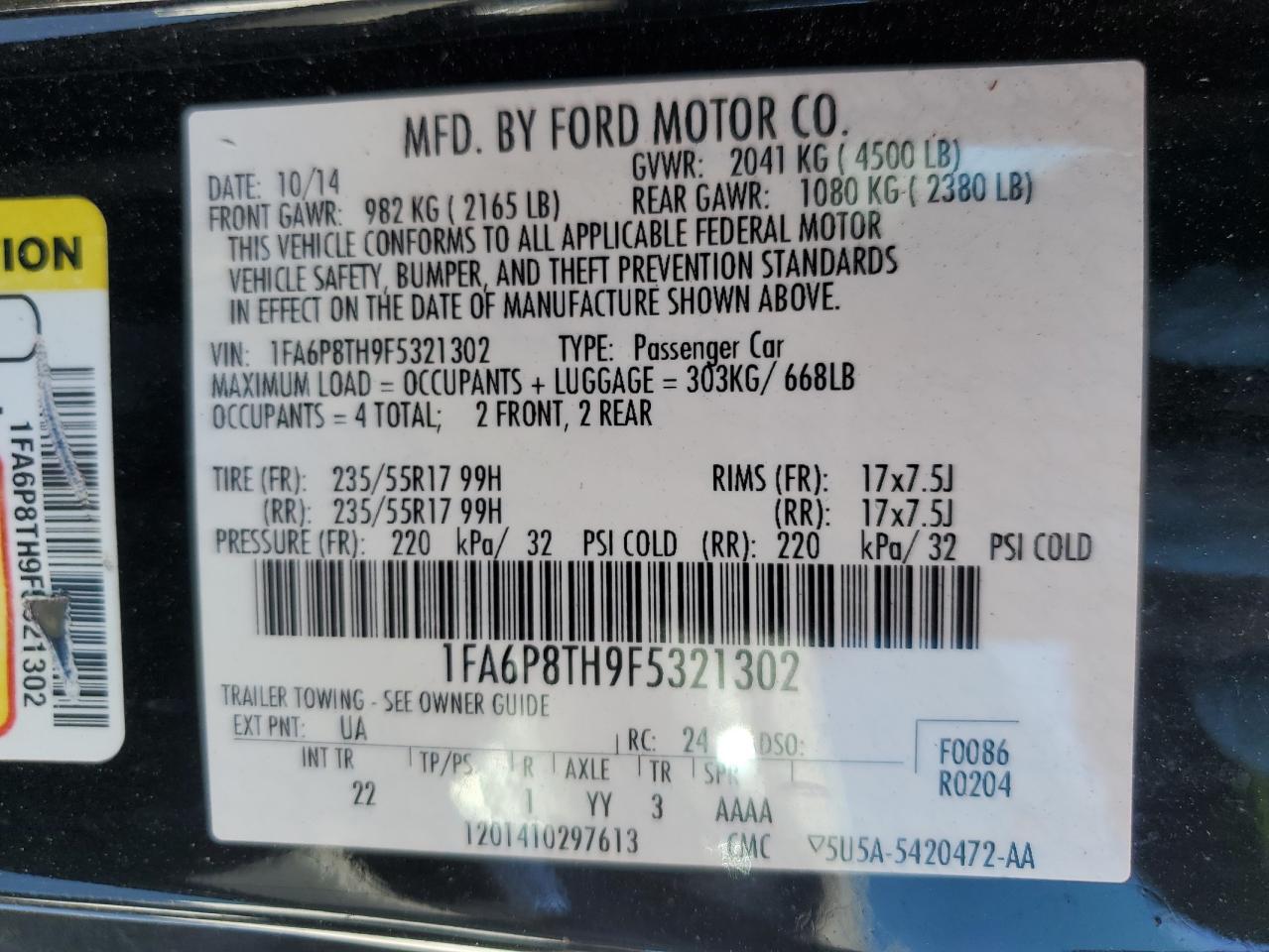 2015 Ford Mustang VIN: 1FA6P8TH9F5321302 Lot: 82459725