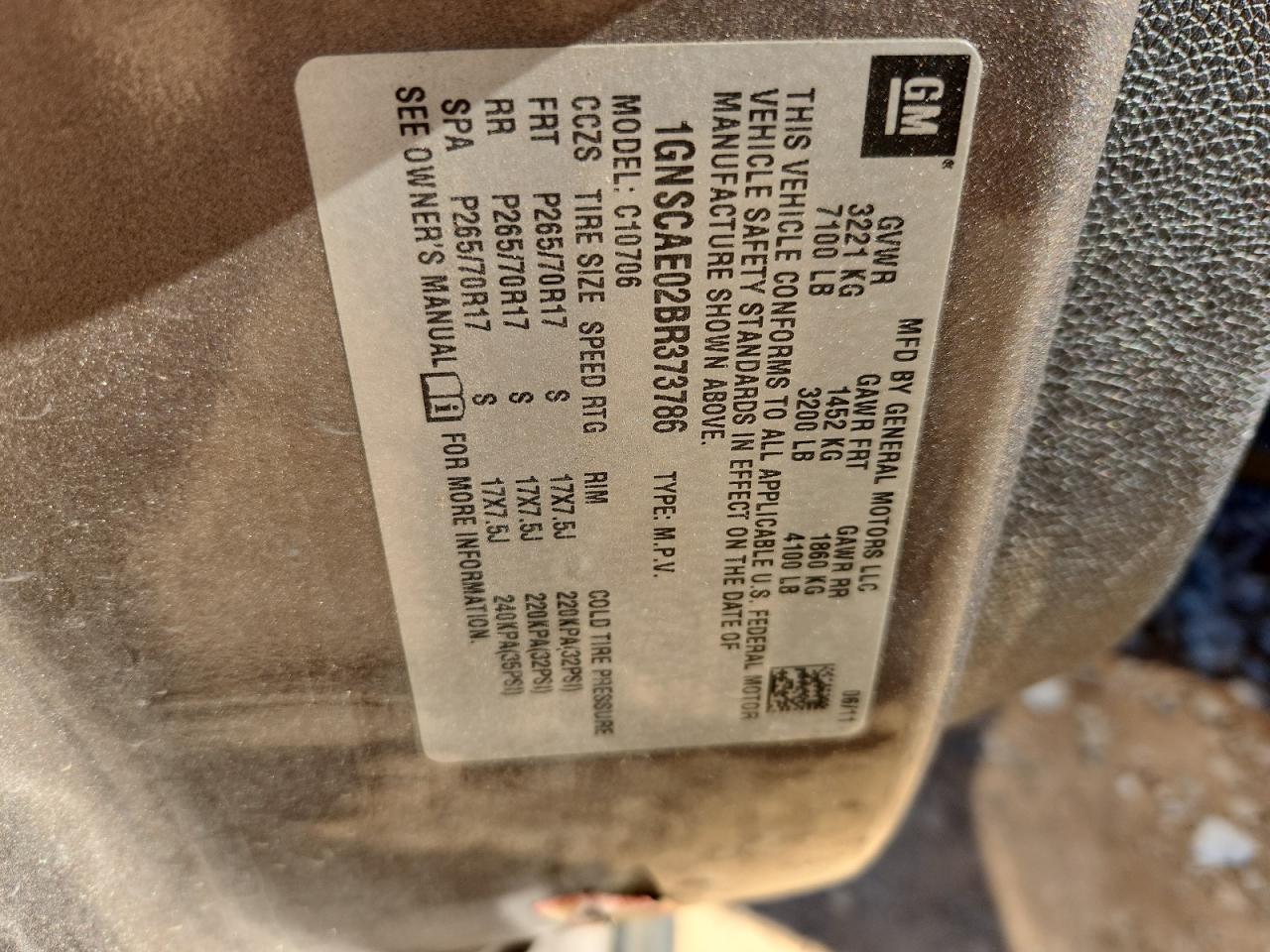 2011 Chevrolet Tahoe C1500 Ls VIN: 1GNSCAE02BR373786 Lot: 82556935