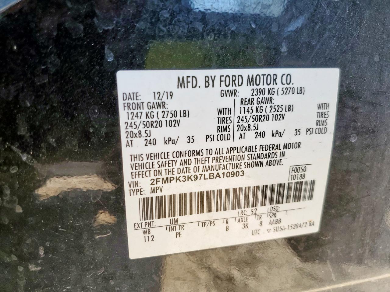 2020 Ford Edge Titanium VIN: 2FMPK3K97LBA10903 Lot: 82210055