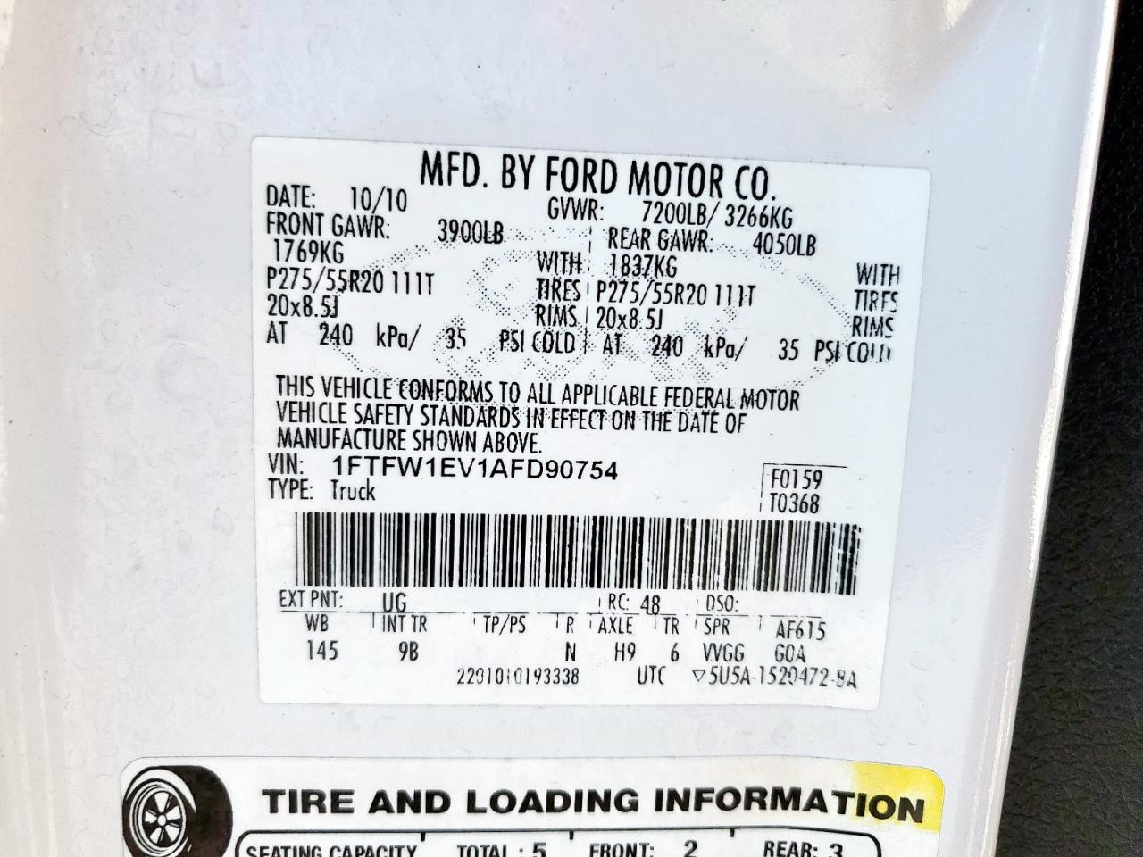 2010 Ford F150 Supercrew VIN: 1FTFW1EV1AFD90754 Lot: 85928115