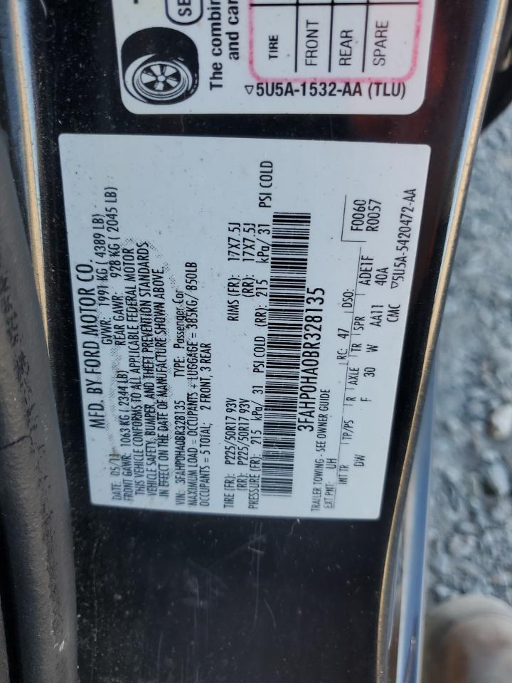 2011 Ford Fusion Se VIN: 3FAHP0HA0BR328135 Lot: 89648325