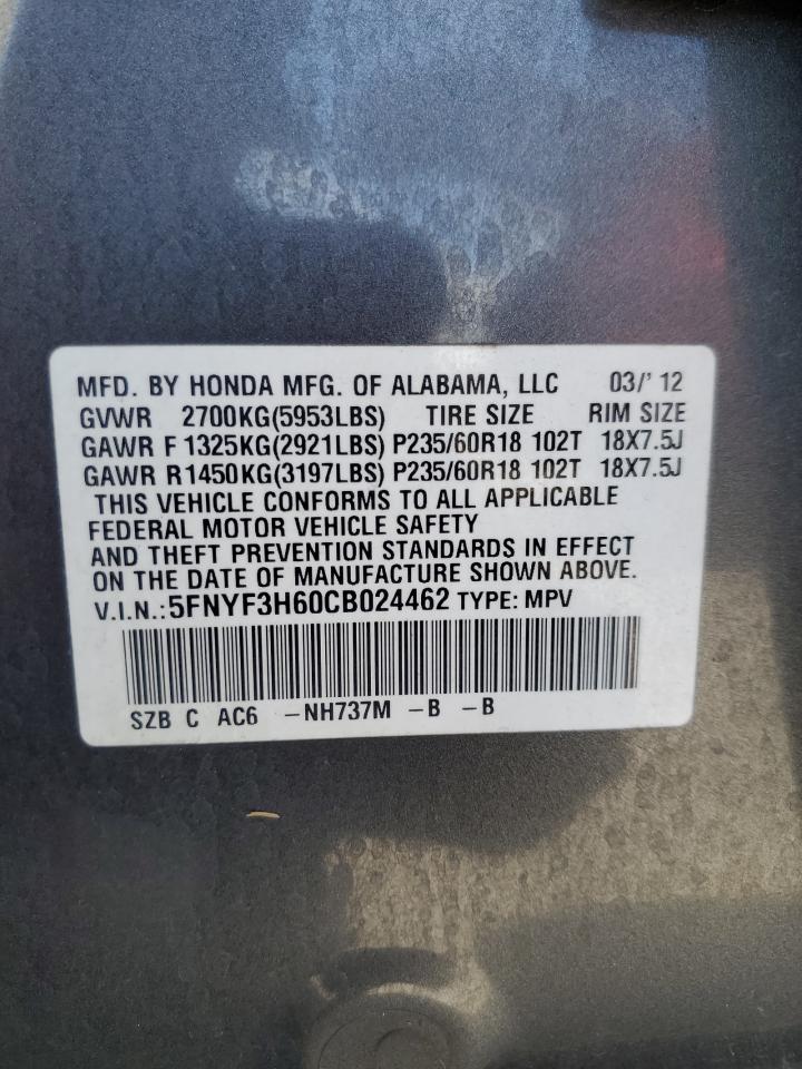 2012 Honda Pilot Exl VIN: 5FNYF3H60CB024462 Lot: 82570485