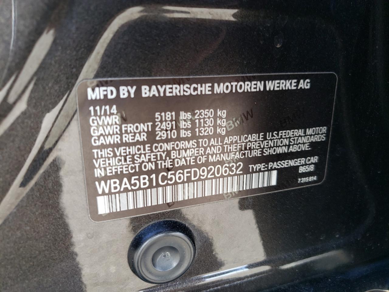 2015 BMW 535 I VIN: WBA5B1C56FD920632 Lot: 85318555