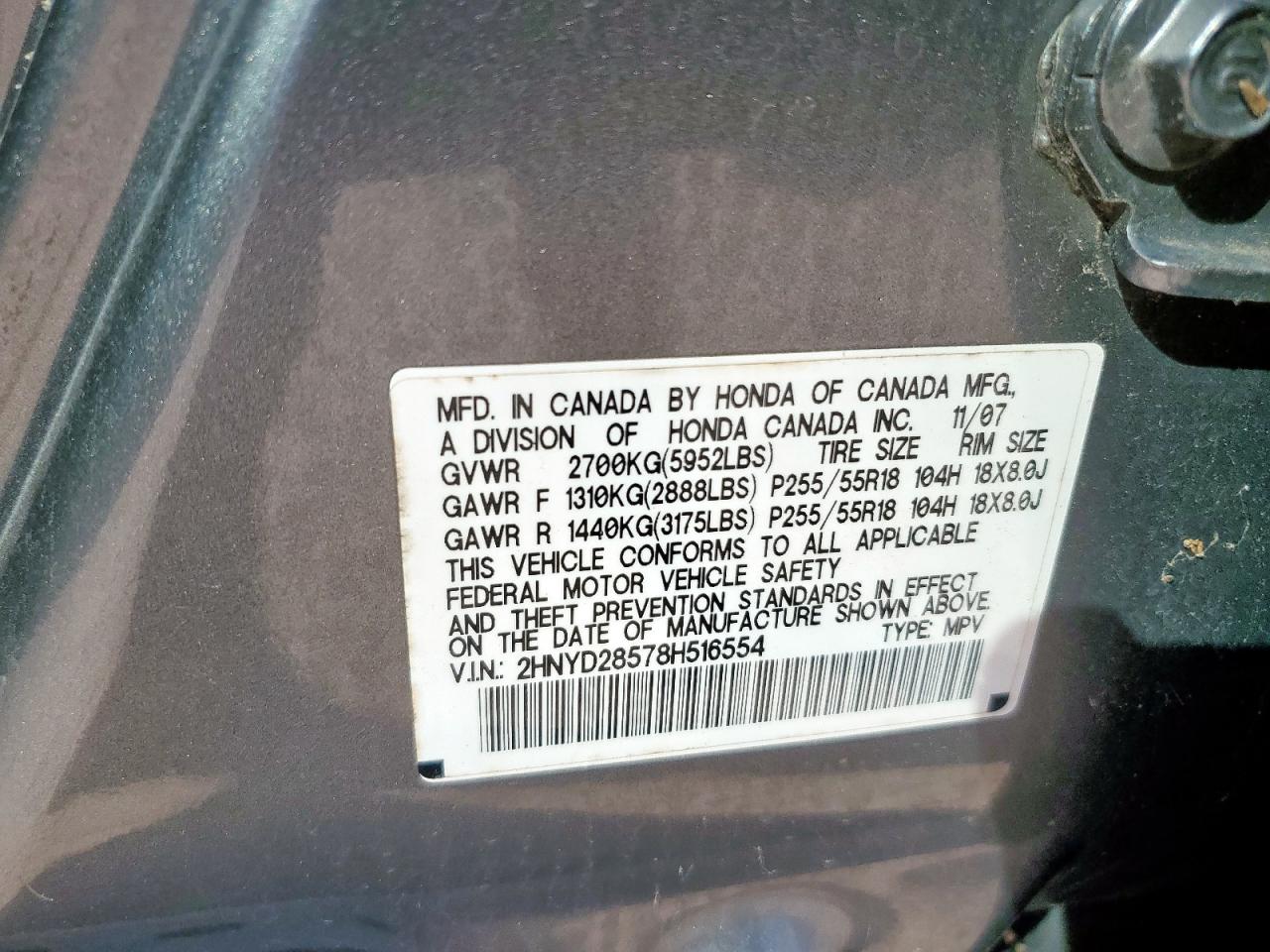 2008 Acura Mdx Sport VIN: 2HNYD28578H516554 Lot: 85352695