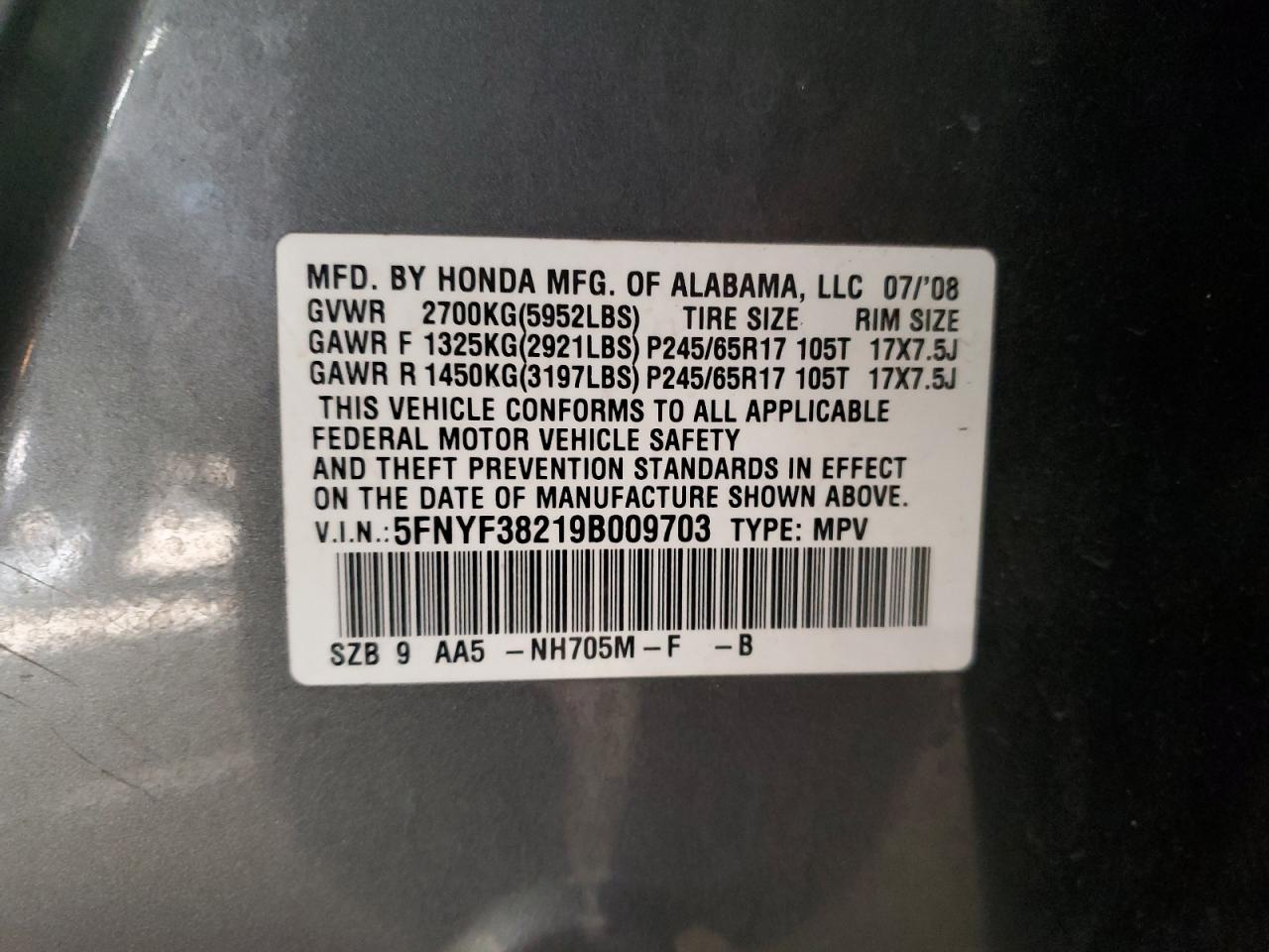2009 Honda Pilot Lx VIN: 5FNYF38219B009703 Lot: 86054625