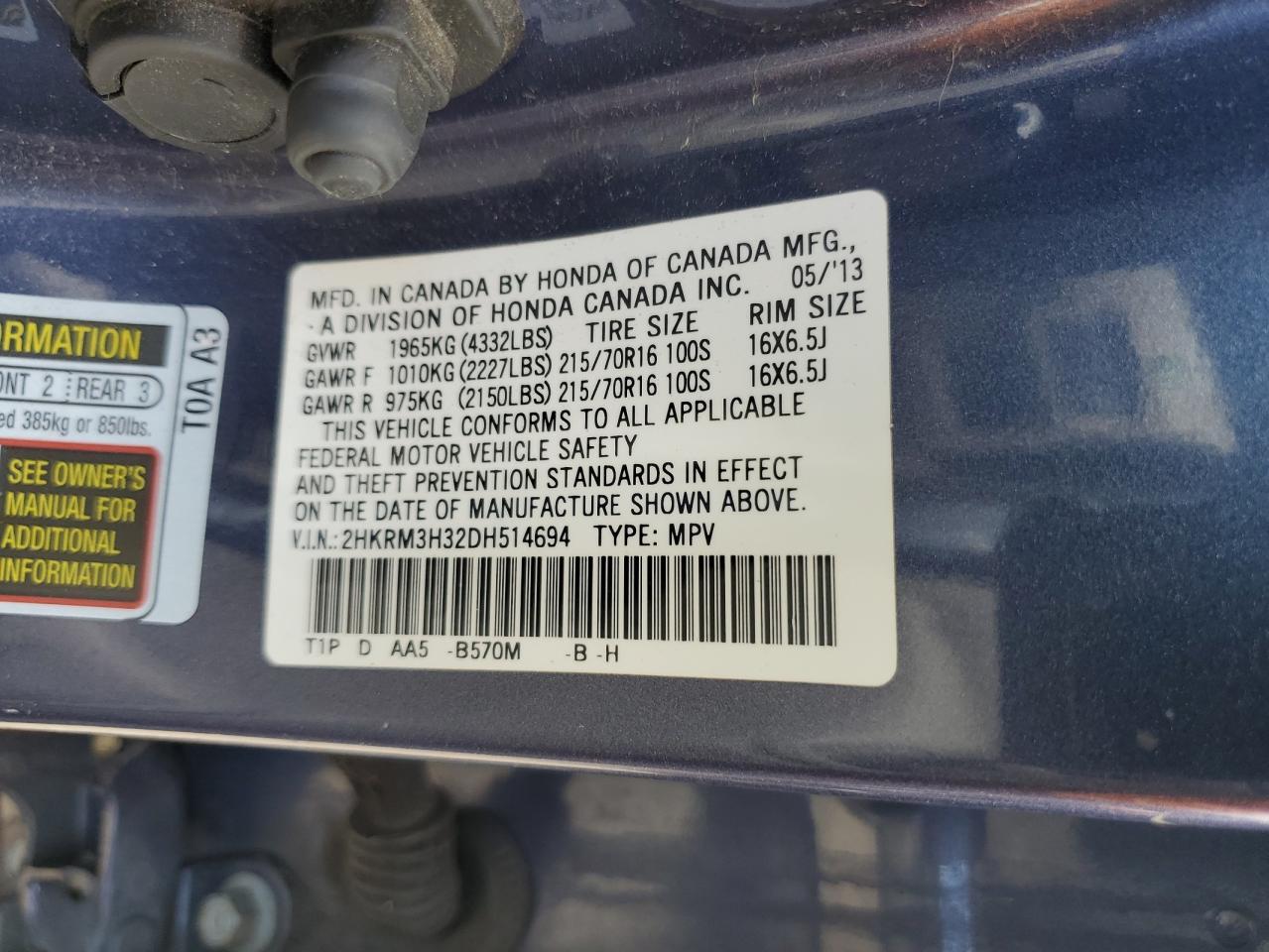 2013 Honda Cr-V Lx VIN: 2HKRM3H32DH514694 Lot: 86879955