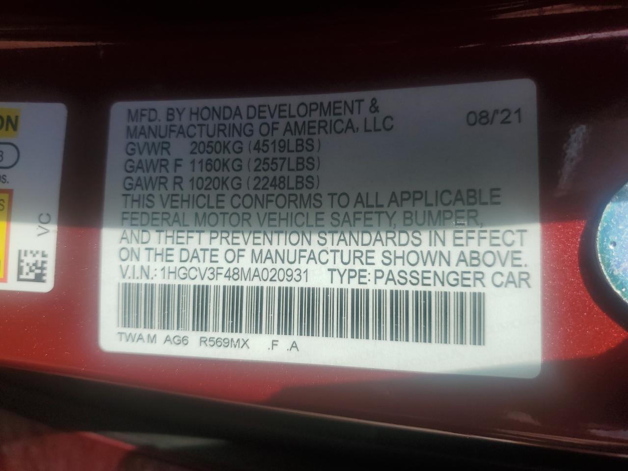 2021 Honda Accord Hybrid Ex VIN: 1HGCV3F48MA020931 Lot: 85666915