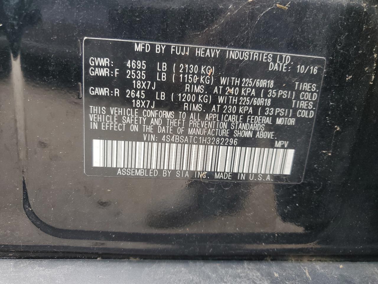 2017 Subaru Outback Touring VIN: 4S4BSATC1H3282296 Lot: 85474465