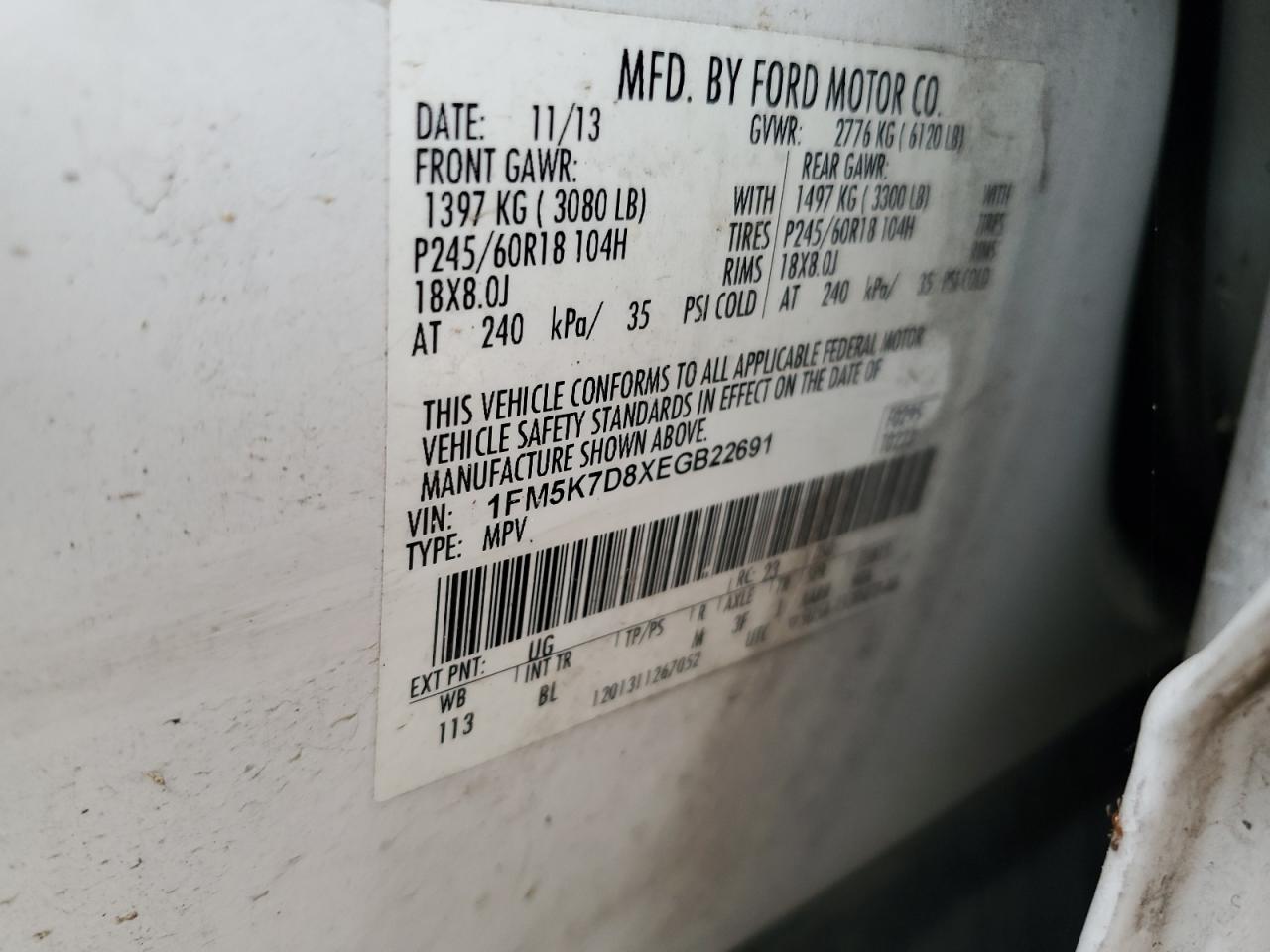 2014 Ford Explorer Xlt VIN: 1FM5K7D8XEGB22691 Lot: 84754485