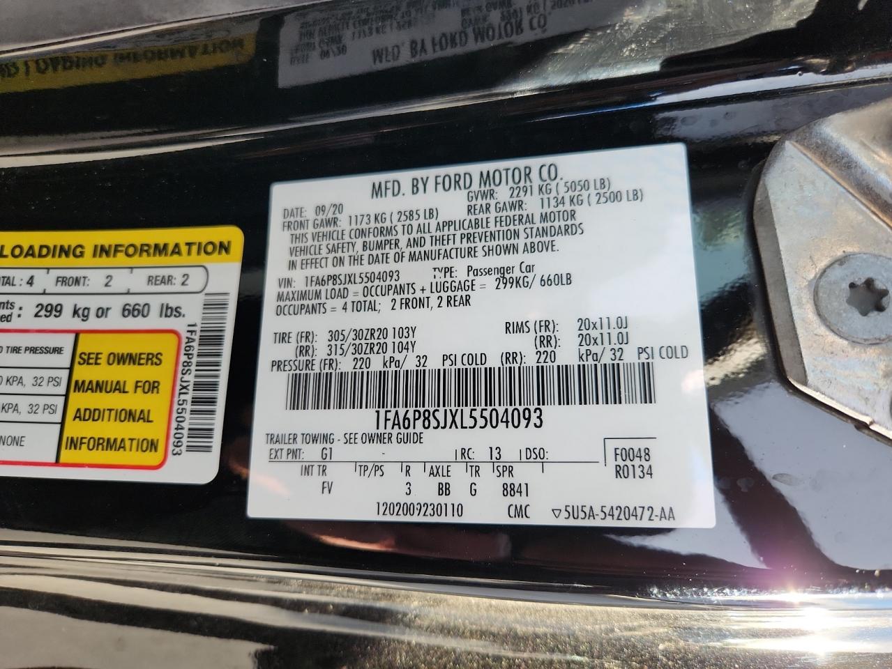 2020 Ford Mustang Shelby Gt500 VIN: 1FA6P8SJXL5504093 Lot: 86160575