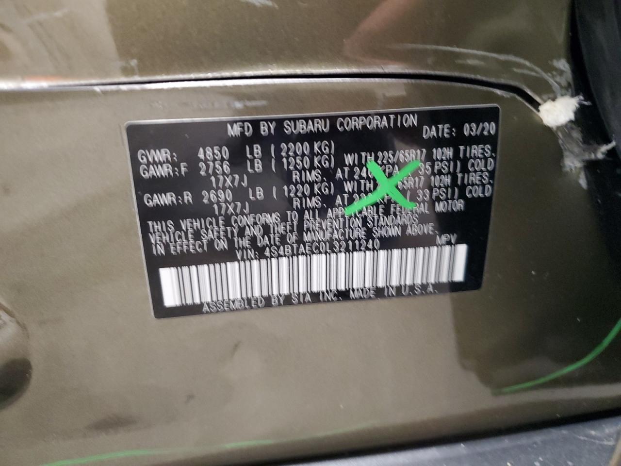 2020 Subaru Outback Premium VIN: 4S4BTAEC0L3211240 Lot: 84963845