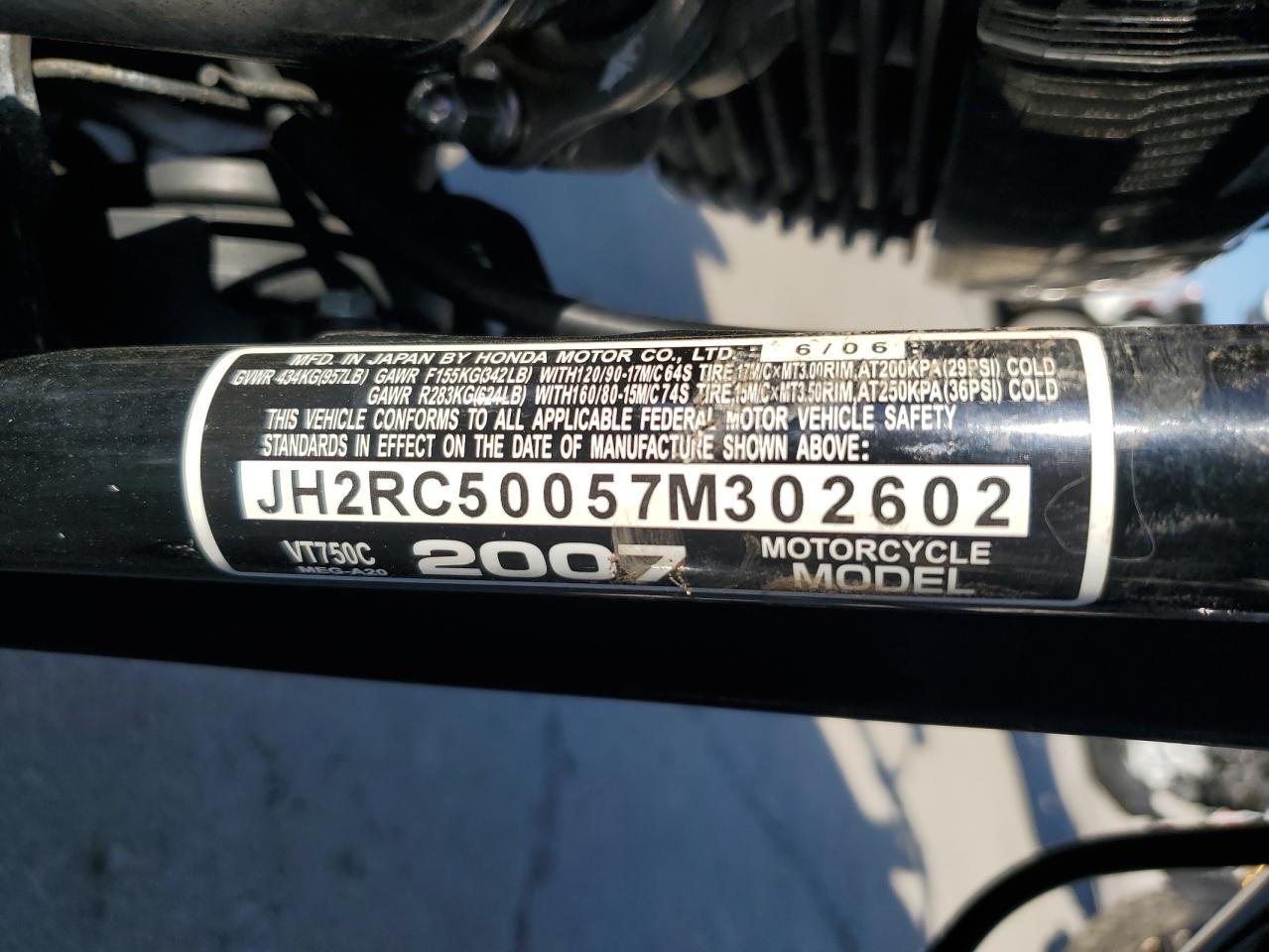 2007 Honda Vt750 VIN: JH2RC50057M302602 Lot: 85310035
