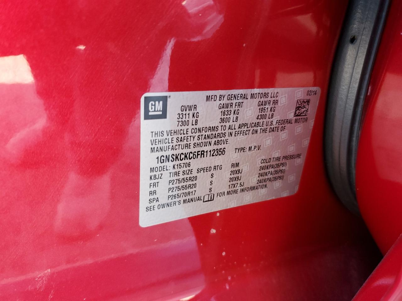 2015 Chevrolet Tahoe K1500 Ltz VIN: 1GNSKCKC6FR112356 Lot: 84477785