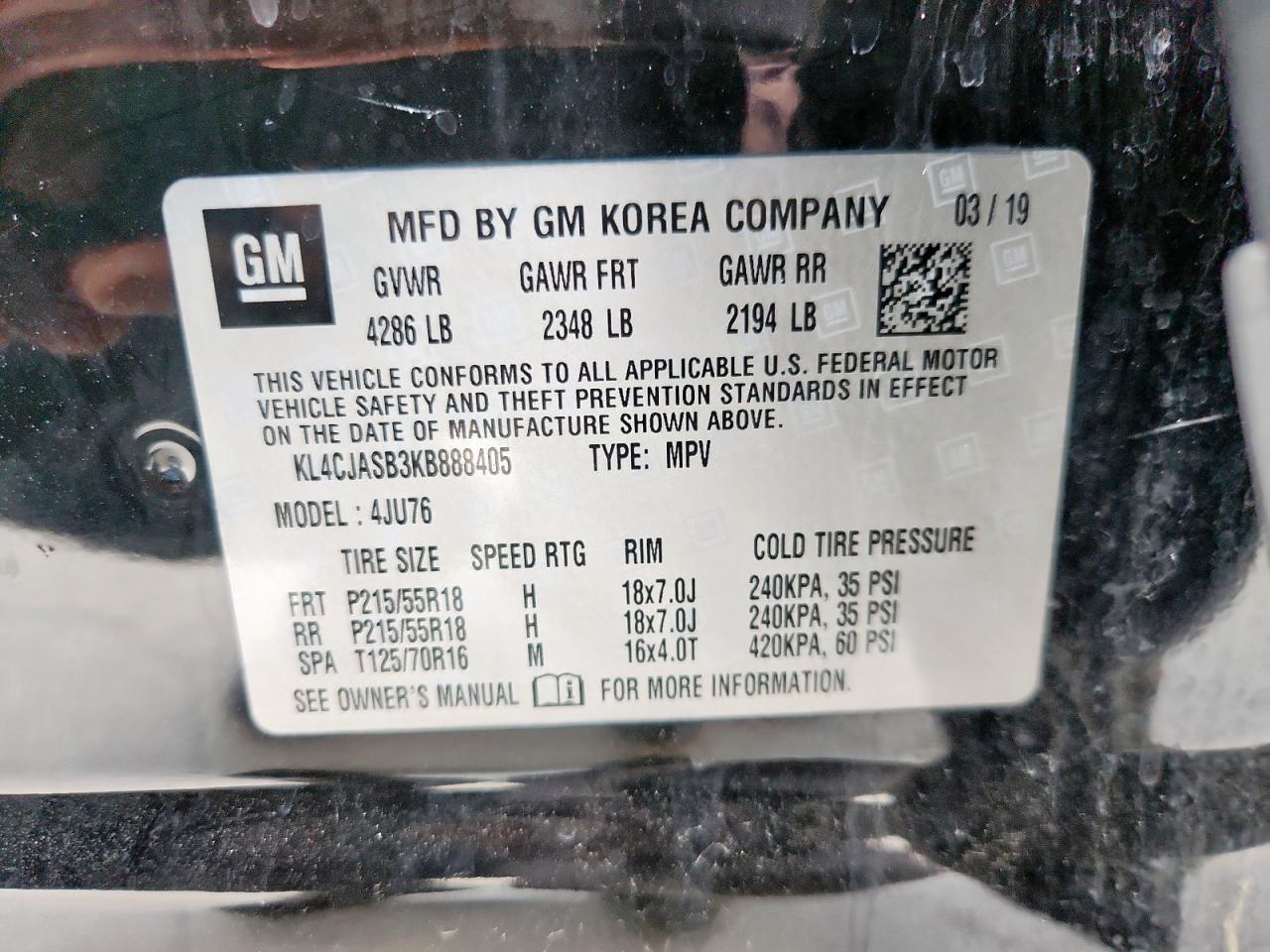 2019 Buick Encore Preferred VIN: KL4CJASB3KB888405 Lot: 85174915