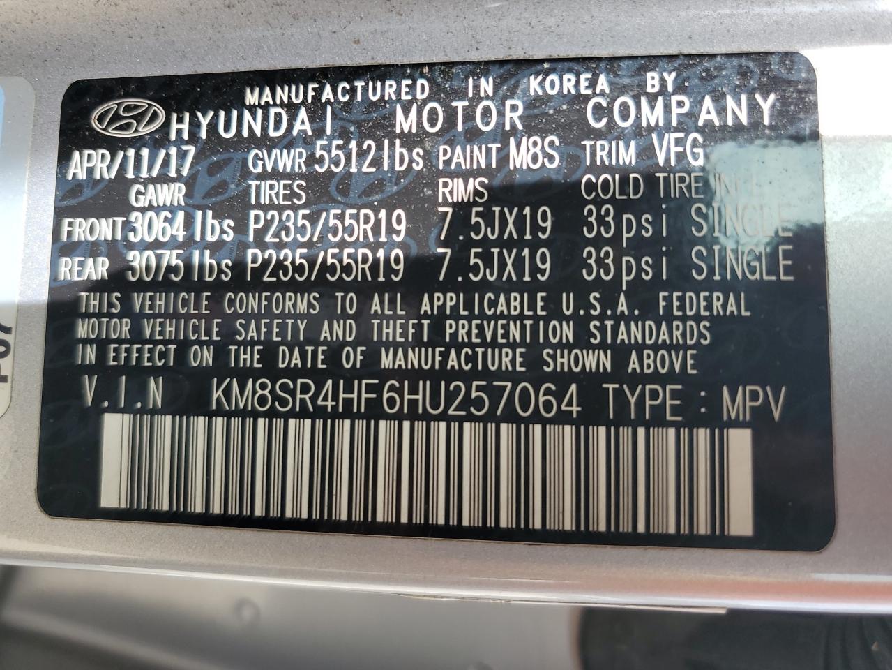 2017 Hyundai Santa Fe Se Ultimate VIN: KM8SR4HF6HU257064 Lot: 84640615