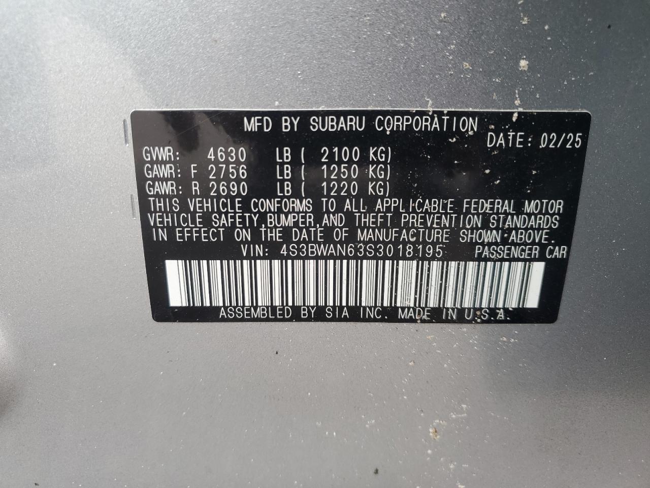 2025 Subaru Legacy Limited VIN: 4S3BWAN63S3018195 Lot: 81119295