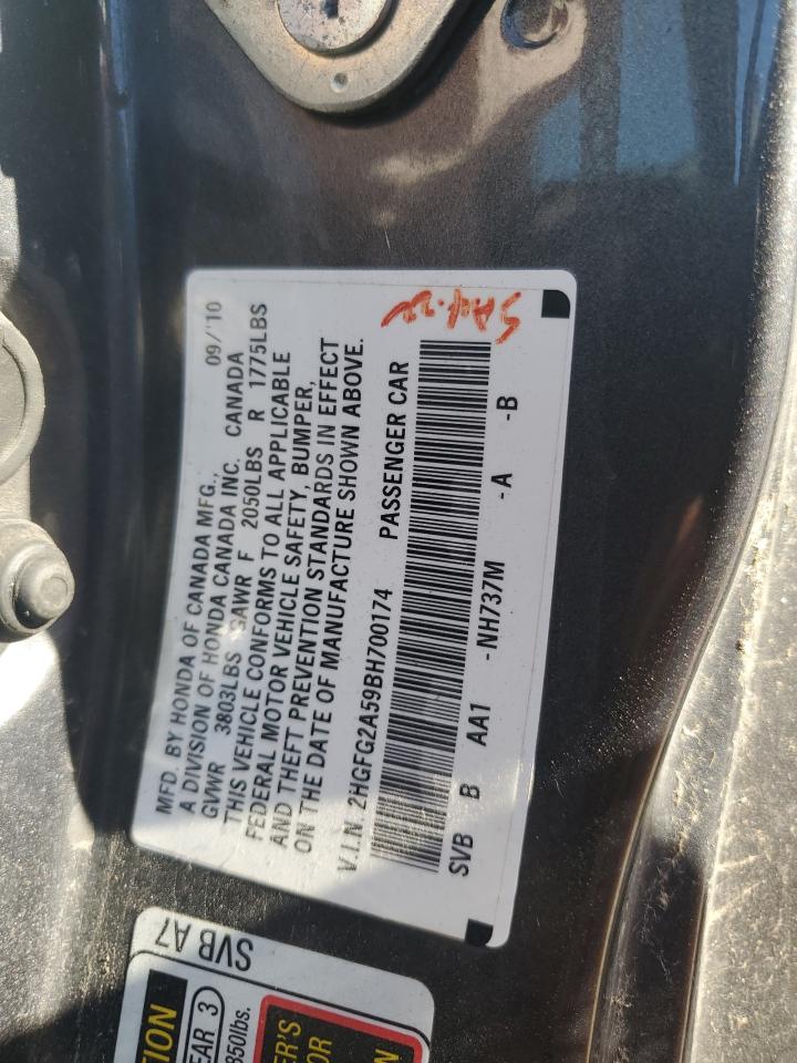 2011 Honda Civic Si VIN: 2HGFG2A59BH700174 Lot: 85137225