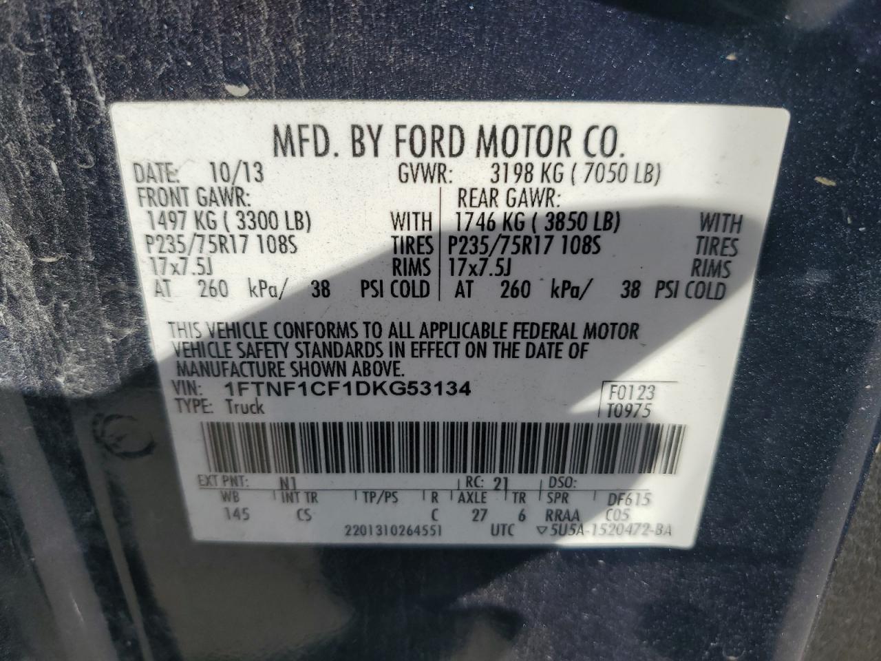 2013 Ford F150 VIN: 1FTNF1CF1DKG53134 Lot: 86898305