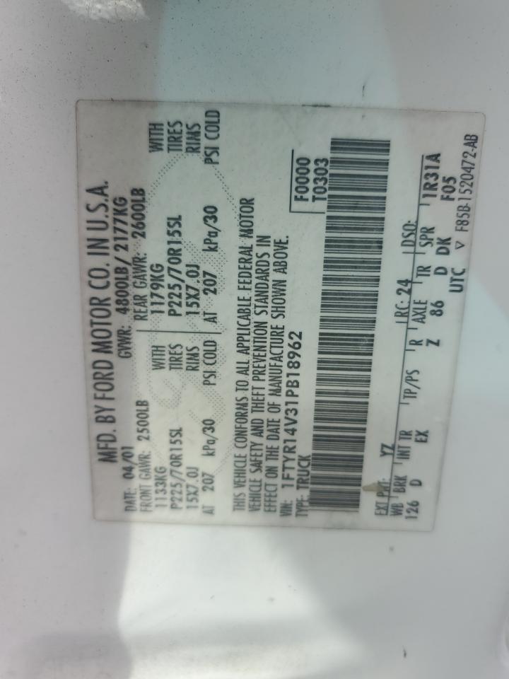 2001 Ford Ranger Super Cab VIN: 1FTYR14V31PB18962 Lot: 81943795