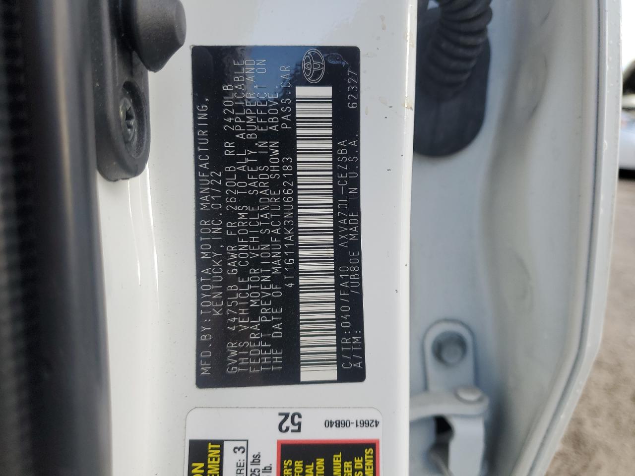 2022 Toyota Camry Se VIN: 4T1G11AK3NU662183 Lot: 90366505