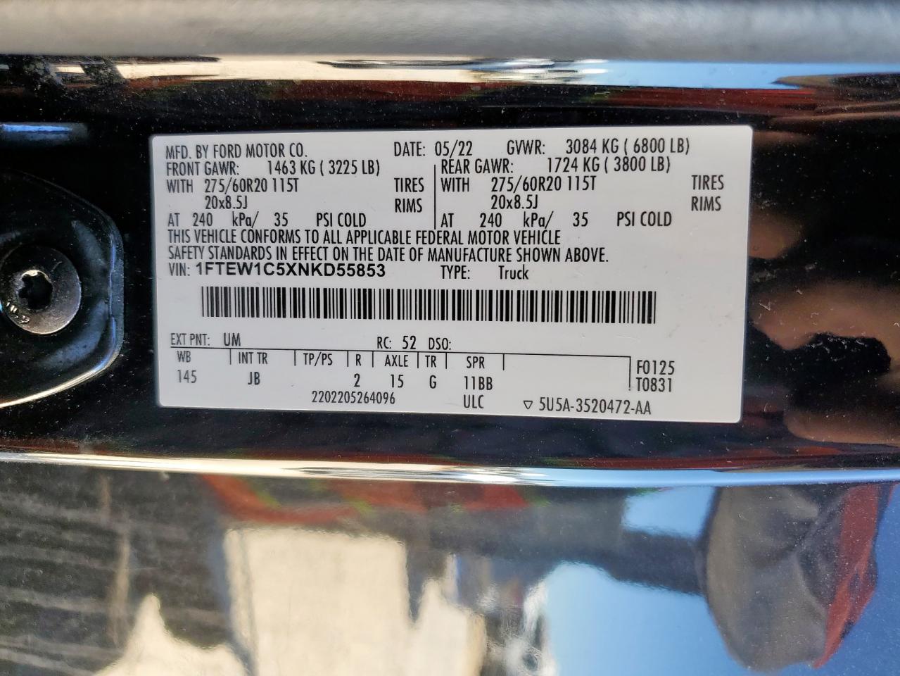 2022 Ford F150 Supercrew VIN: 1FTEW1C5XNKD55853 Lot: 89519655