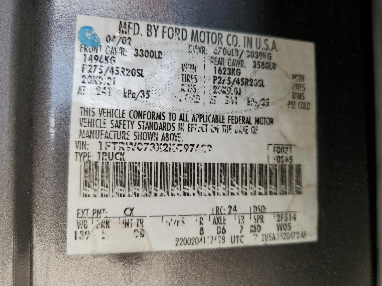 2002 Ford F150 Supercrew Harley Davidson VIN: 1FTRW073X2KC97629 Lot: 83979365