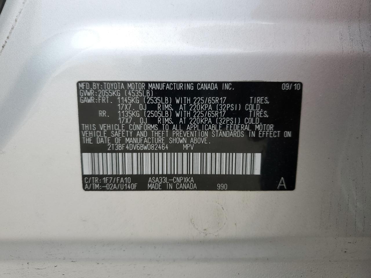2011 Toyota Rav4 VIN: 2T3BF4DV6BW082464 Lot: 82281085