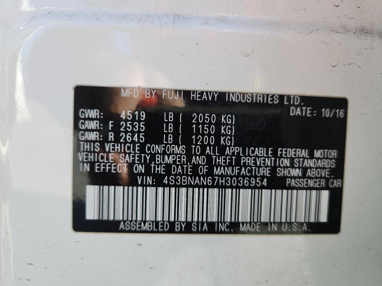 2017 Subaru Legacy 2.5I Limited VIN: 4S3BNAN67H3036954 Lot: 90475635