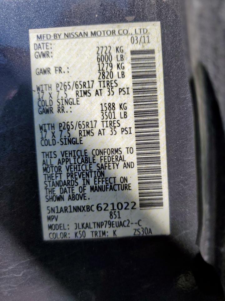 2011 Nissan Pathfinder VIN: 5N1AR1NNXBC621022 Lot: 82407955