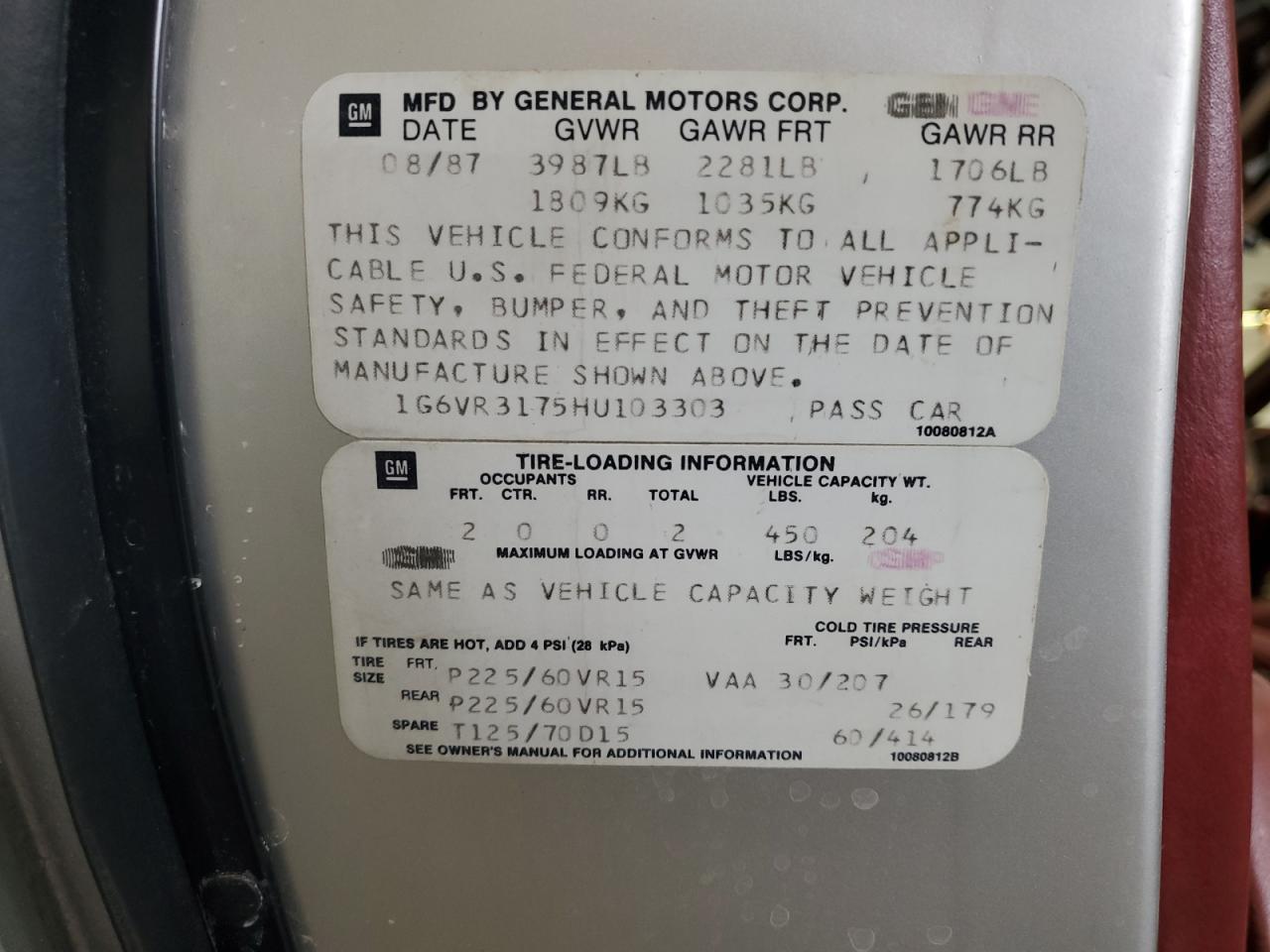 1987 Cadillac Allante VIN: 1G6VR3175HU103303 Lot: 84716975