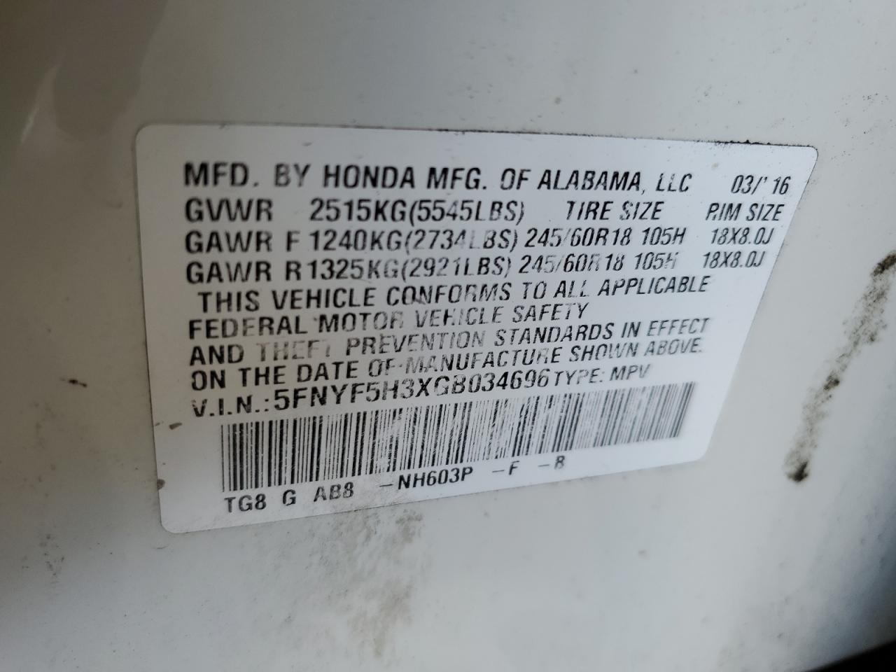 2016 Honda Pilot Ex VIN: 5FNYF5H3XGB034696 Lot: 86475515