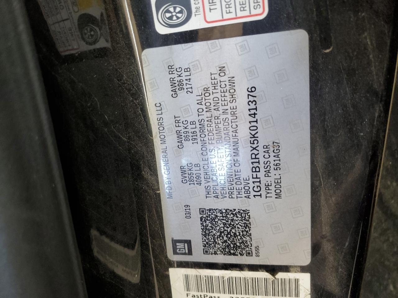 2019 Chevrolet Camaro Ls VIN: 1G1FB1RX5K0141376 Lot: 89693375