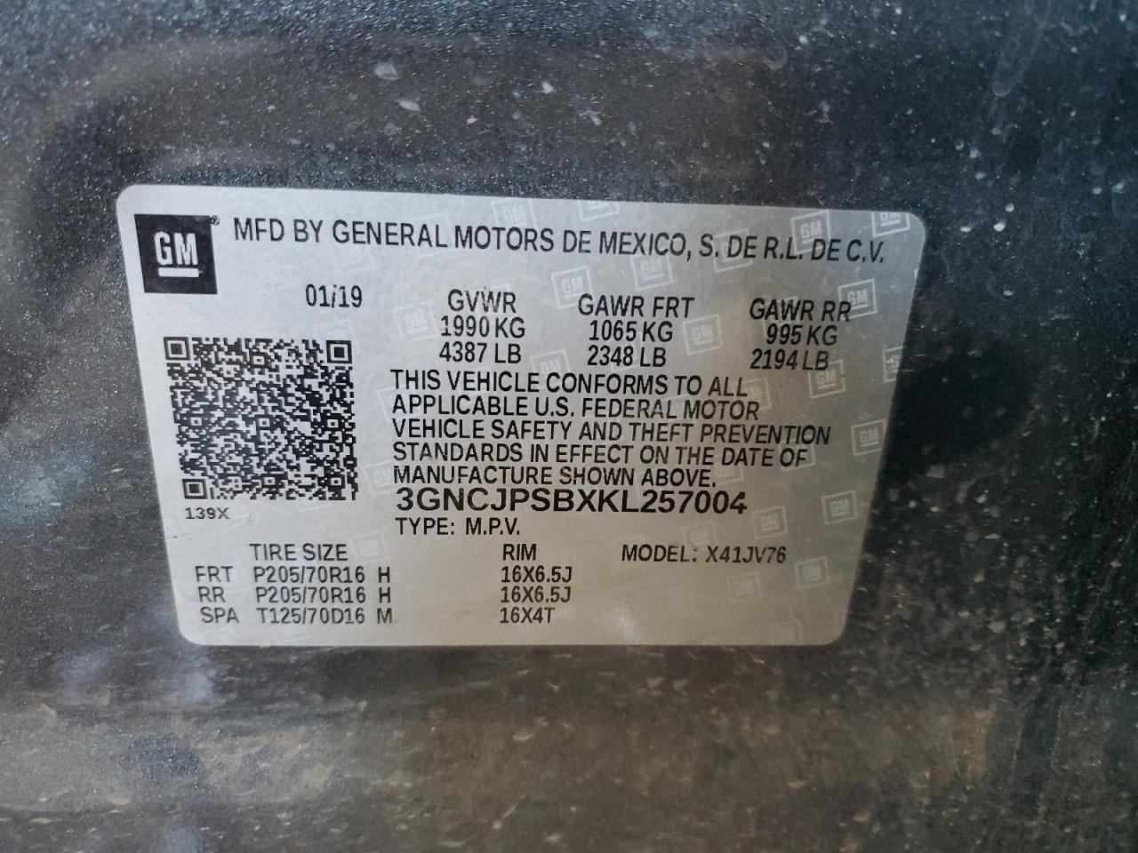 2019 Chevrolet Trax 1Lt VIN: 3GNCJPSBXKL257004 Lot: 87425575