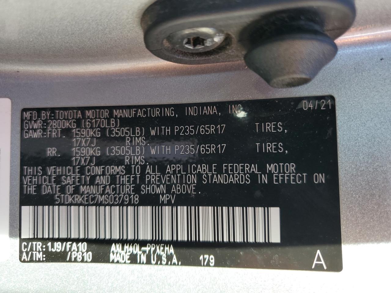 2021 Toyota Sienna Le VIN: 5TDKRKEC7MS037918 Lot: 86122035