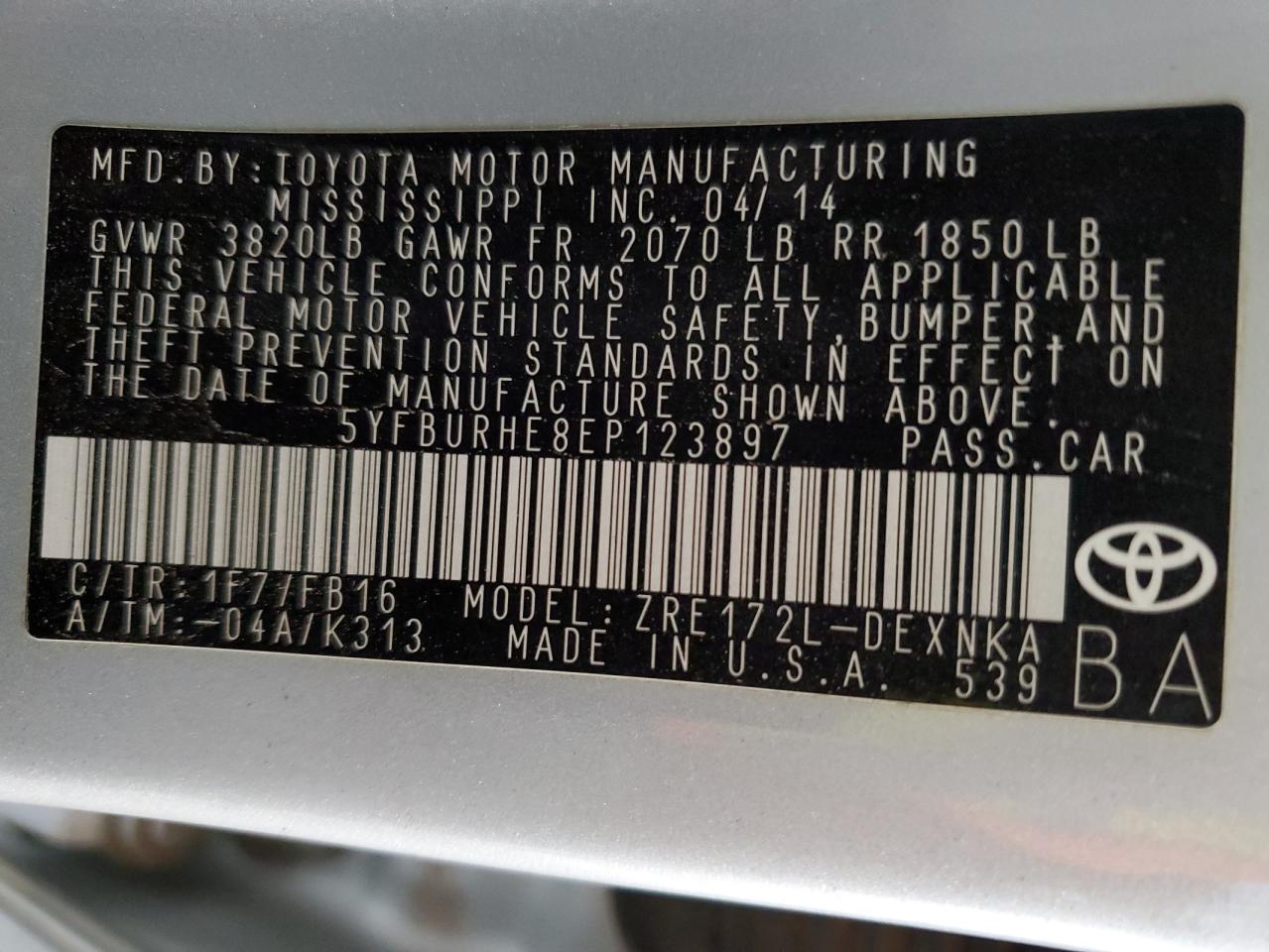 2014 Toyota Corolla L VIN: 5YFBURHE8EP123897 Lot: 86660495