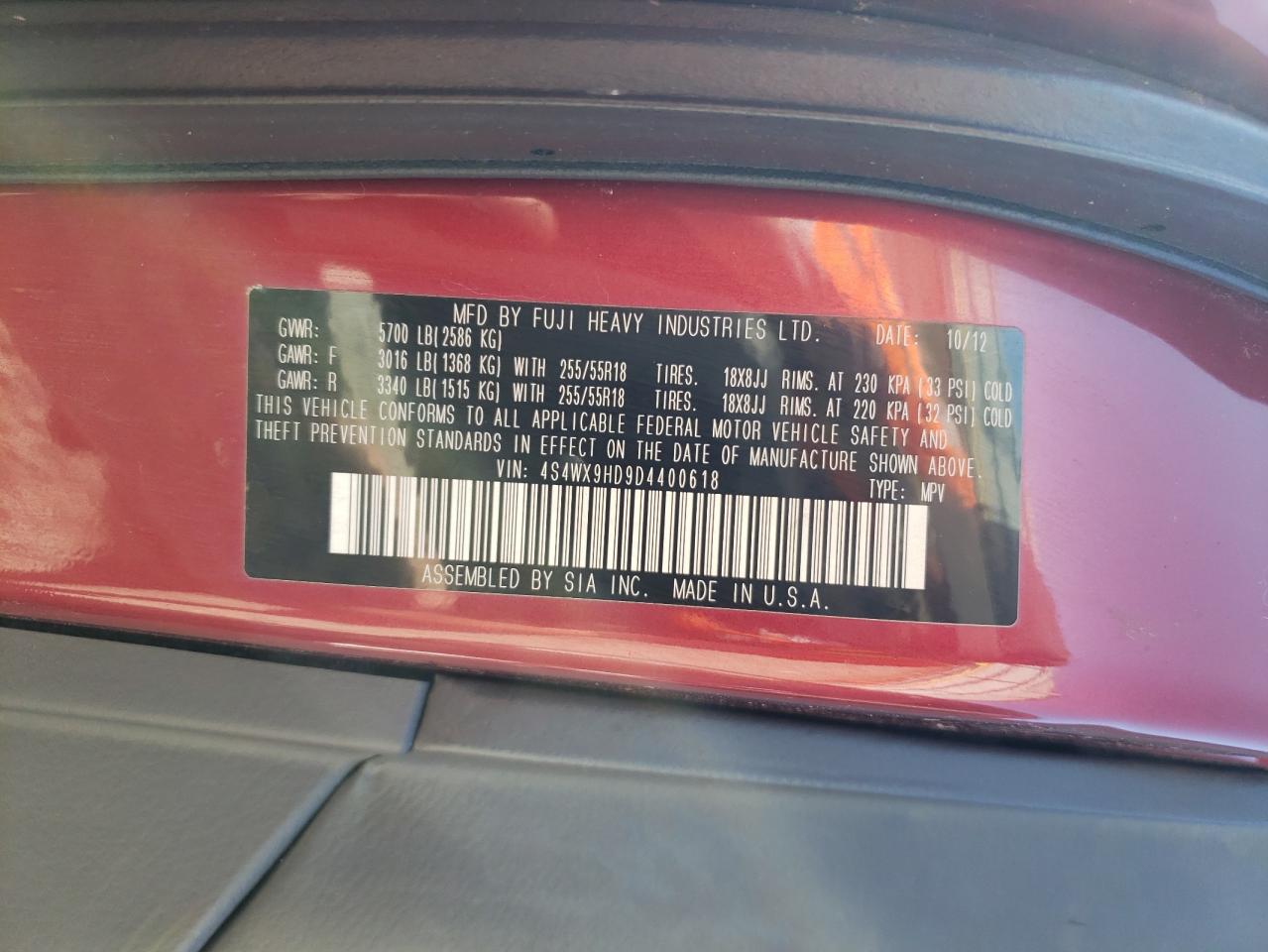 2013 Subaru Tribeca Limited VIN: 4S4WX9HD9D4400618 Lot: 82194435