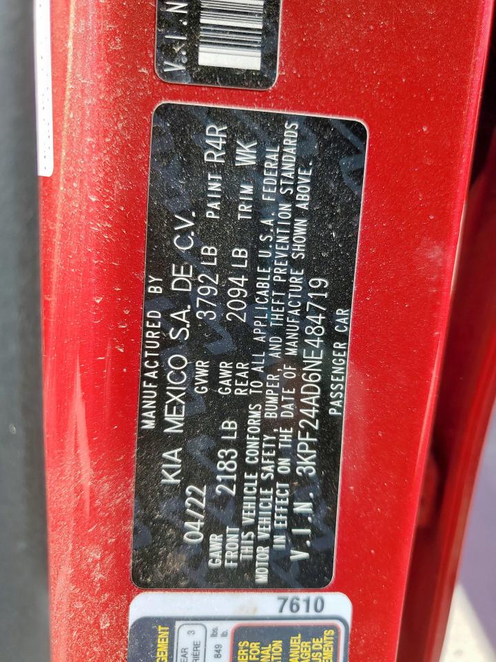 2022 Kia Forte Fe VIN: 3KPF24AD6NE484719 Lot: 85152015