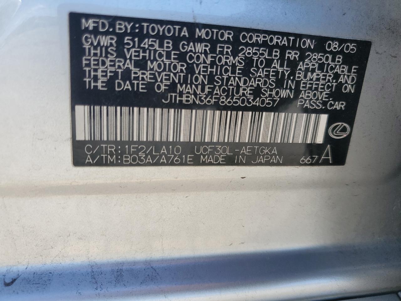 2006 Lexus Ls 430 VIN: JTHBN36F865034057 Lot: 85145355