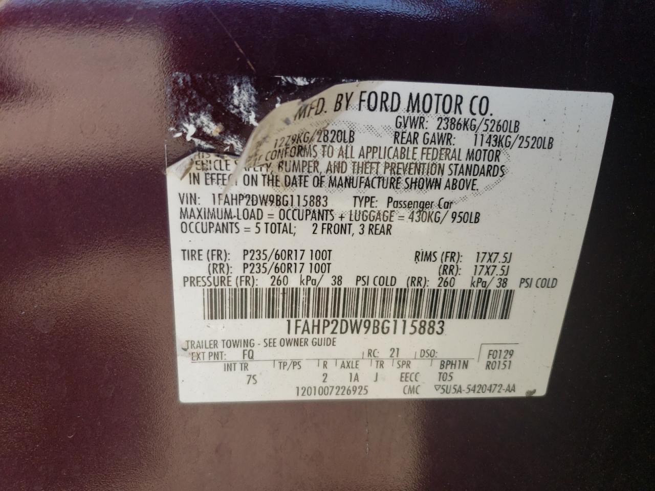 2011 Ford Taurus Se VIN: 1FAHP2DW9BG115880 Lot: 84889945