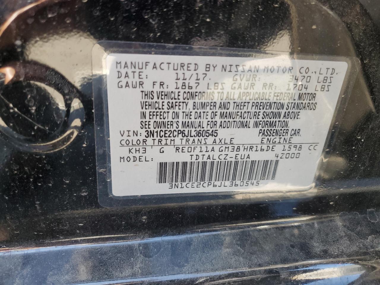 2018 Nissan Versa Note S VIN: 3N1CE2CP6JL360545 Lot: 84923555